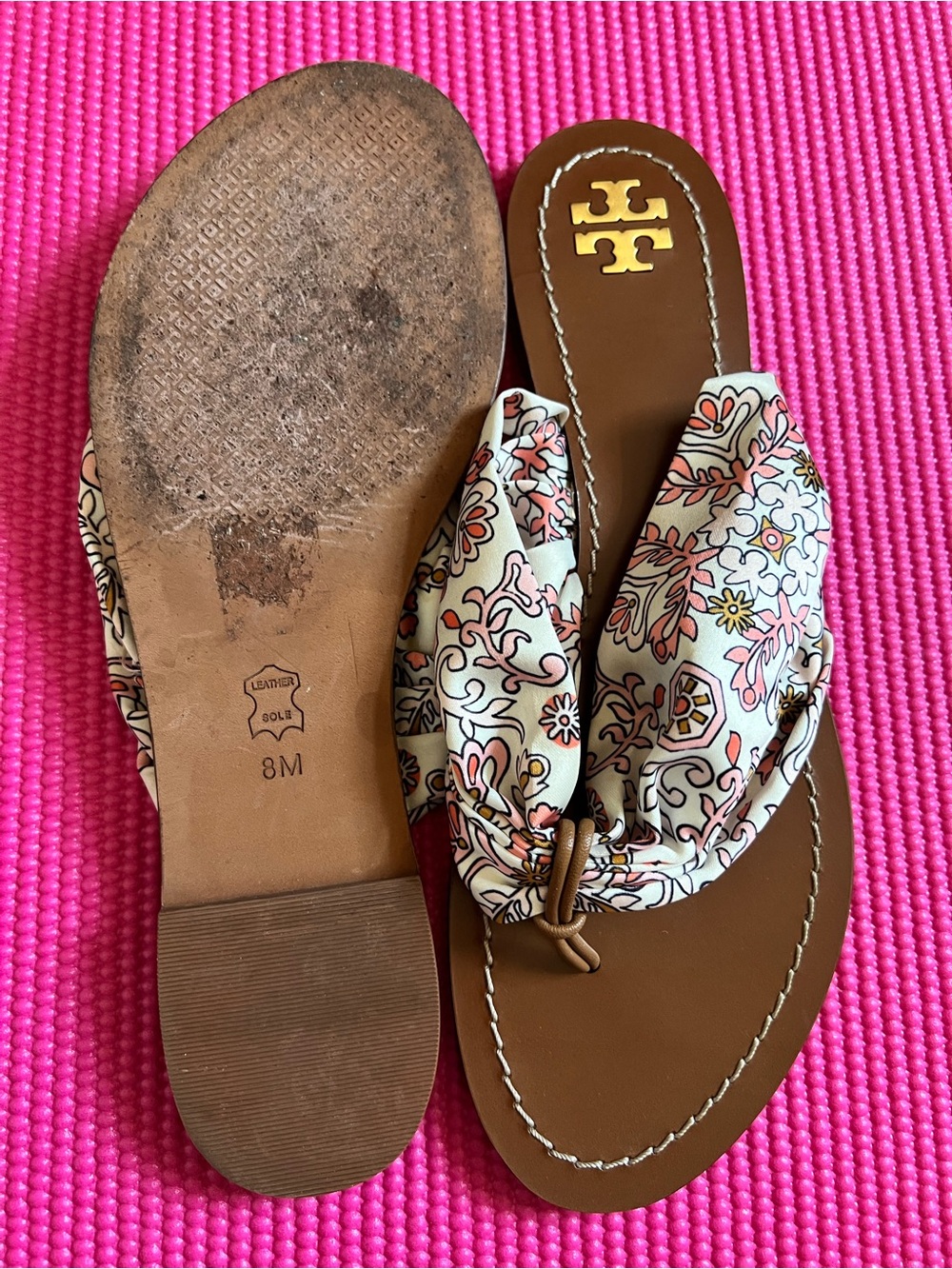 Tory Burch Brown Leather Flip Flops with Floral Paisley Fabric Straps